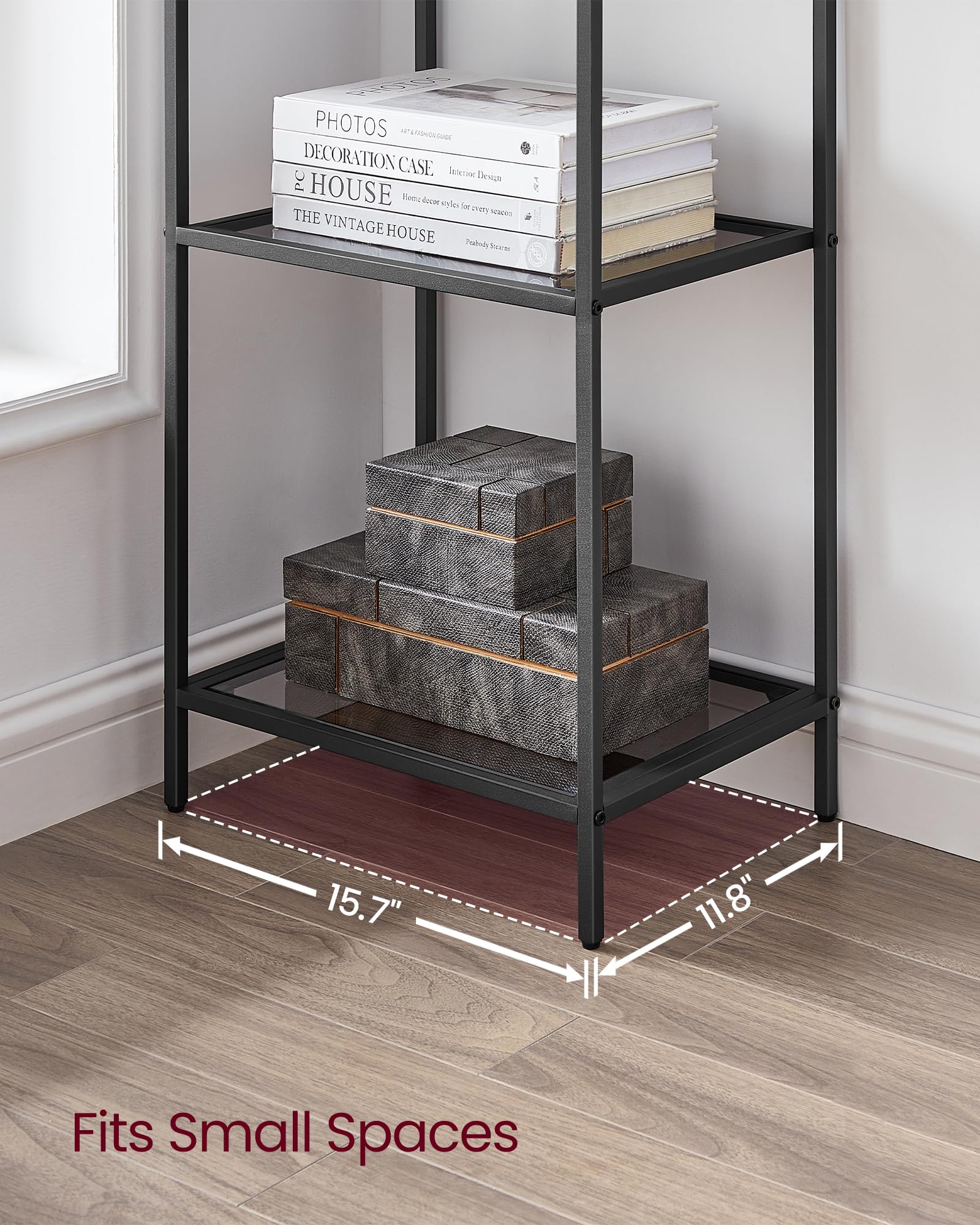 VASAGLE Bookcase, 6-Tier Bookshelf, Slim Shelving Unit for Bedroom, Bathroom, Home Office, Tempered Glass, Steel Frame, Ink Black and Slate Gray ULGT500G01