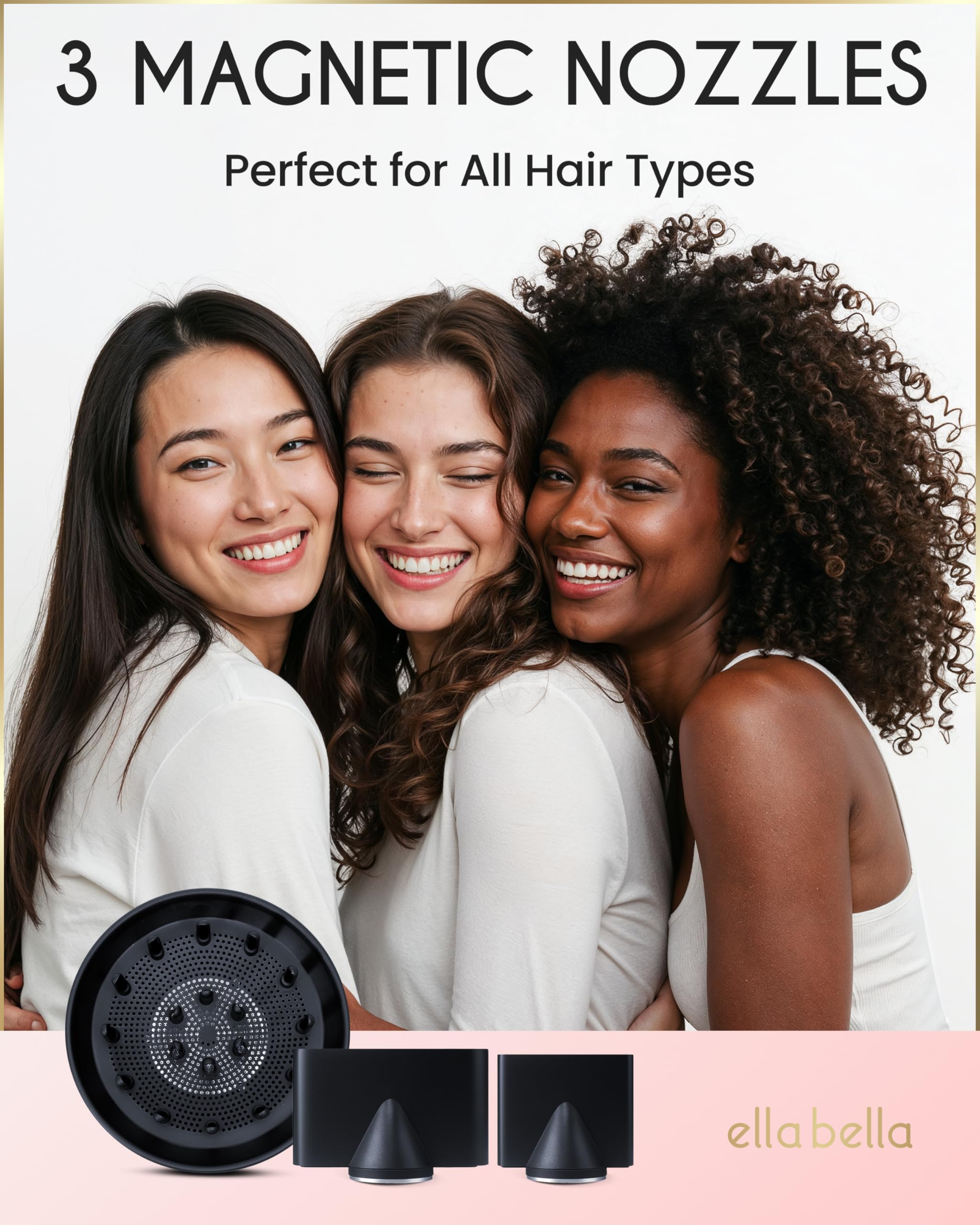 ELLA BELLA® Professional Ionic Hair Dryer with Diffuser • Negative Ion Blow Dryer • Suitable All Hair Types • Intelligent Heat Control & Rapid Drying Speeds • Lightweight Design • Low Noise Technology