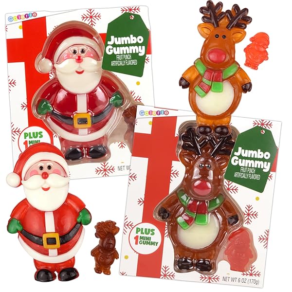 GALERIE JUMBO REINDEER AND SANTA CHRISTMAS GUMMIES, FRUIT PUNCH FLAVORED CANDY, STOCKING STUFFER GIFTS, 6 OUNCES EACH (SET OF 2)