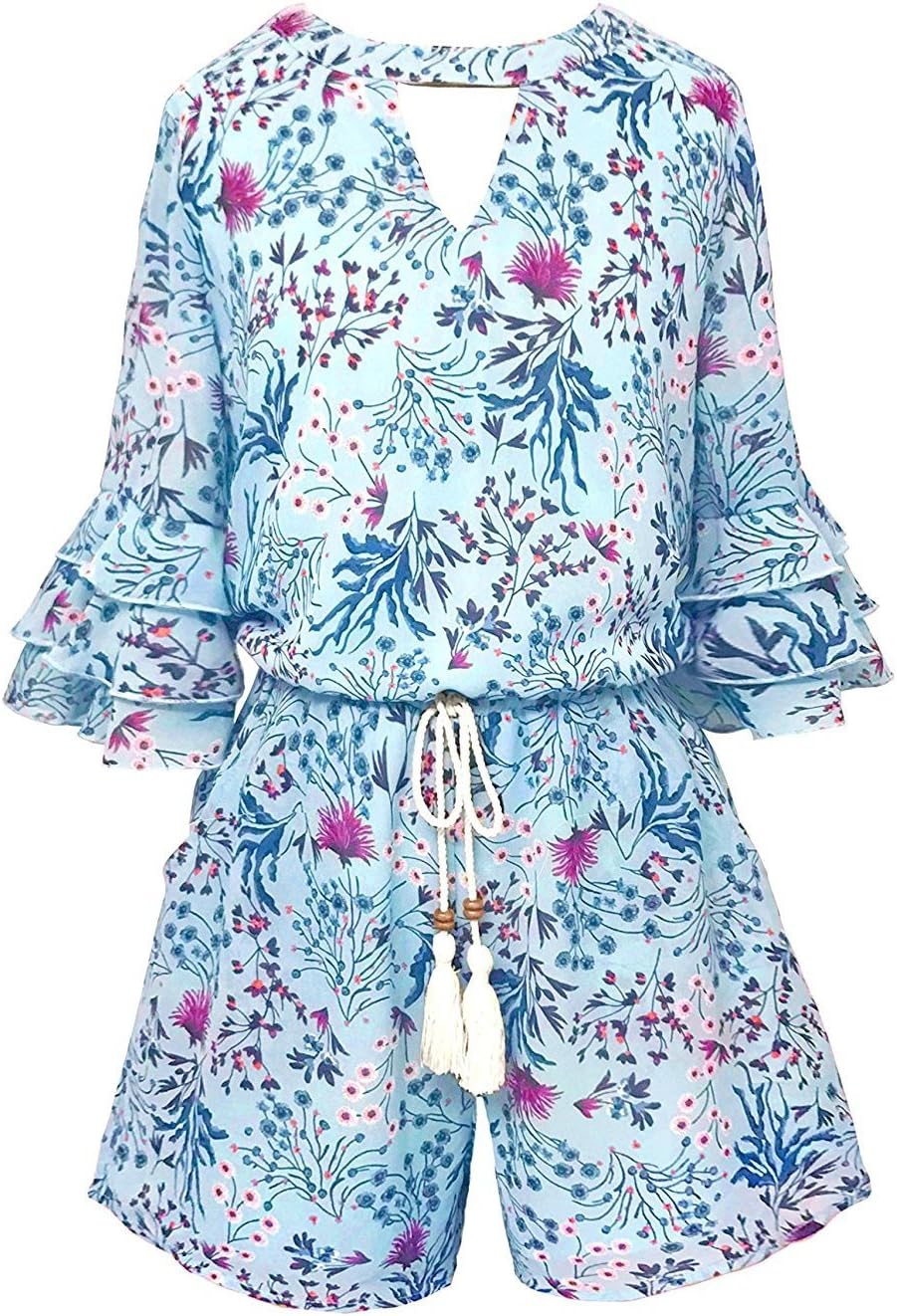 Big Girls Tween Tiered Ruffle 3/4 Sleeves Romper with Pockets, 7-16