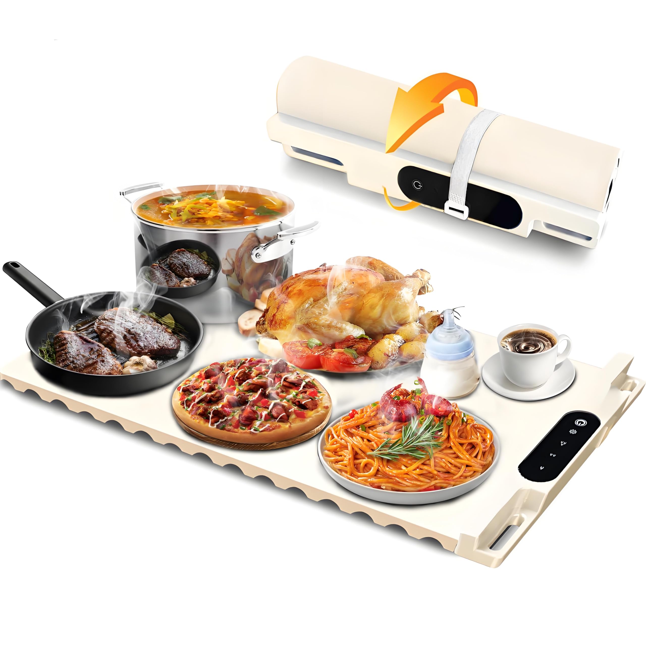 Food Warming Mat,Fast Heating Silicone Electric Warming Tray With 3 Level Temperature and 3 Level Timer, Roll Up Buffet Hot Plates Heat Pads, Portable Foldable Food Warmer For Parties Home white