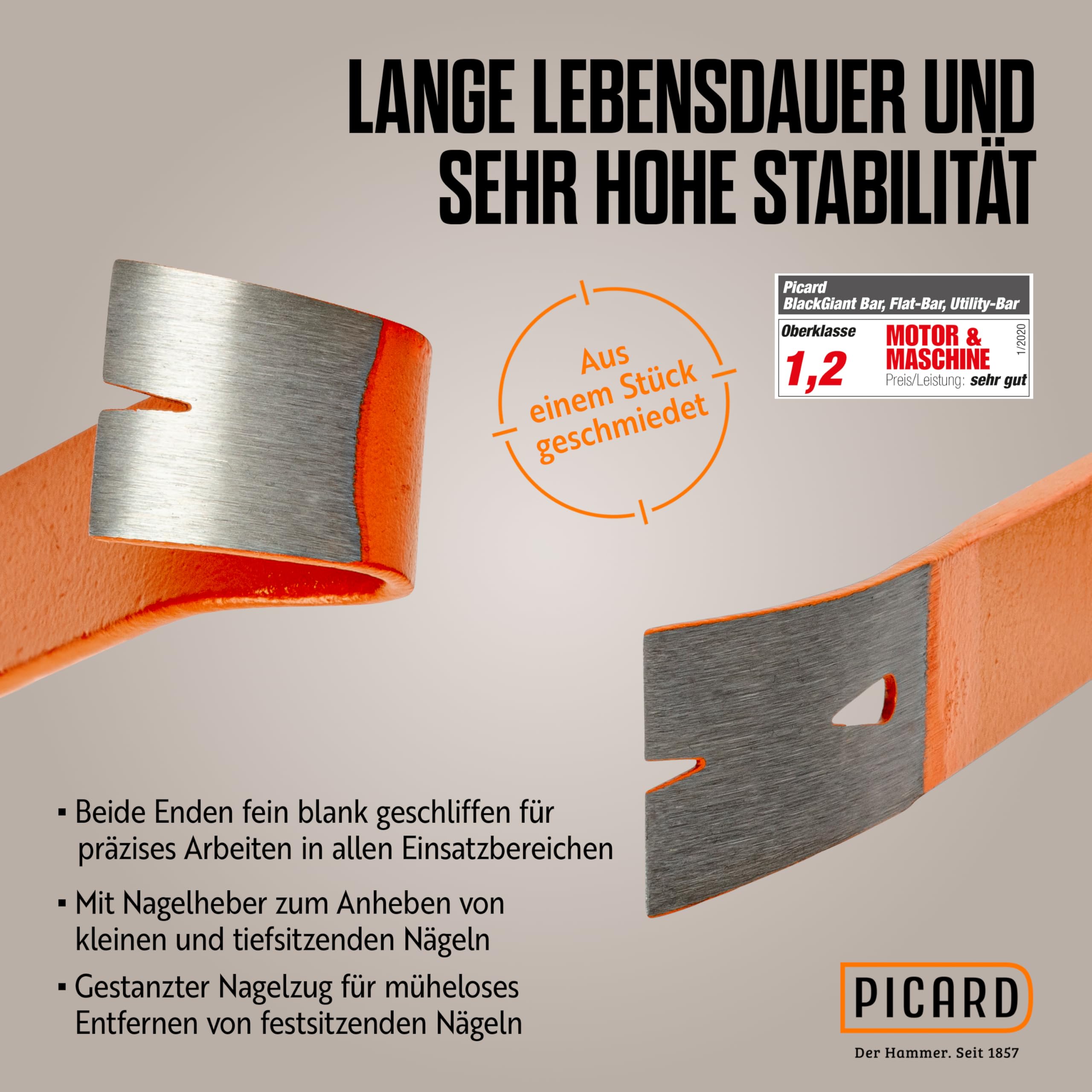 PICARD Latthammer Nr. 298 + Nageleisen | 600 g Kopfgewicht | Geraute Bahn | Magnetischer Nagelhalter | Korrosionsgeschützt | Chrom-Molybdän-Stahlrohrstiel | GS-geprüft | Länge 320 mm | Made in Germany 6