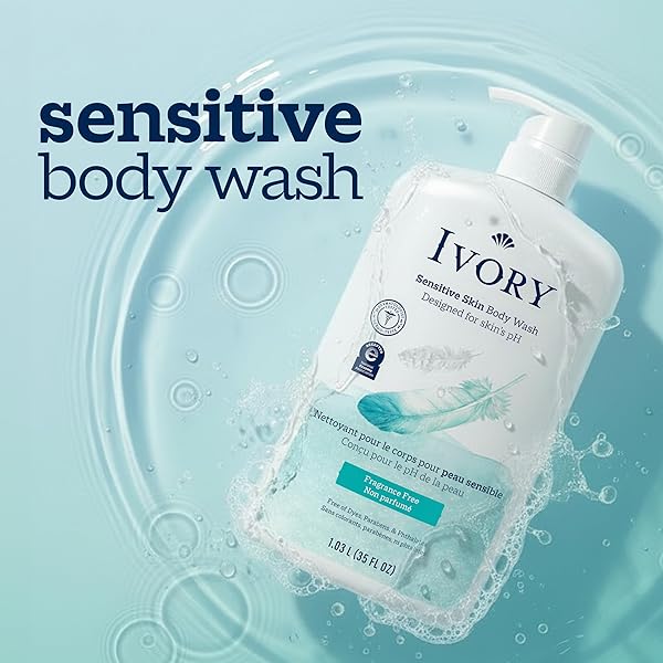 IVORY BODY WASH, DESIGNED FOR THE WHOLE FAMILY, GENTLE FORMULA, FREE OF DYES HEAVY PERFUMES PARABENS PHTHALATES & SILICONES, DESIGNED FOR SKIN’S PH, FRAGNANCE-FREE, 35 OZ