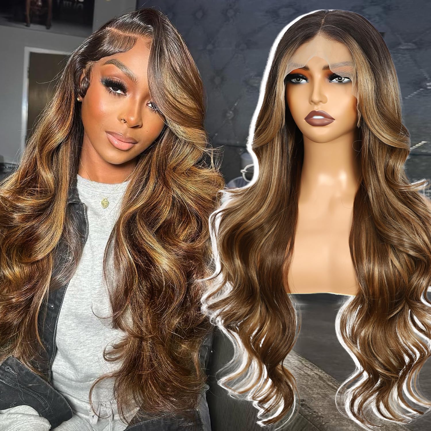 SOMIARIK Auburn Brown Wavy Wig for Women, 13x4 Transparent Synthetic Lace Front Long Bright Brown Wigs Middle Part Wavy Natural Looking Heat Resistant Fiber for Daily Party Use 26 Inch