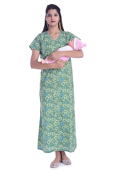 Women's Invisible Zip Feeding Maternity Cotton Nighty Gown