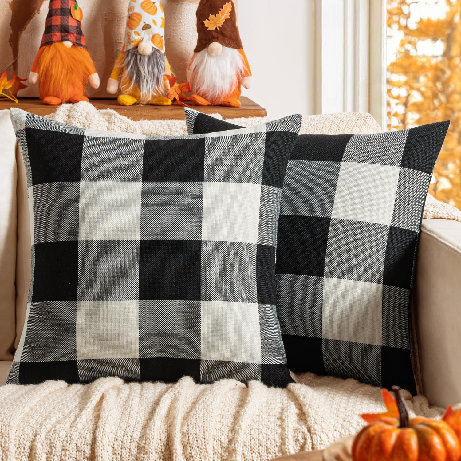 Photo 1 of MIULEE Halloween Pack of 2 Farmhouse Buffalo Check Plaids Linen Throw Pillow Covers Soft Soild Decorative Home Decor Outdoor Cushion Case for Sofa Bedroom 18 x 18 Inch, Black and White