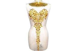 SUCCI SHAN Embroidered Floral Gold Color Rhinestone Sequins Lace Applique Trim Patches Great for DIY Neckline Bodice Wedding Bridal Prom Dress
