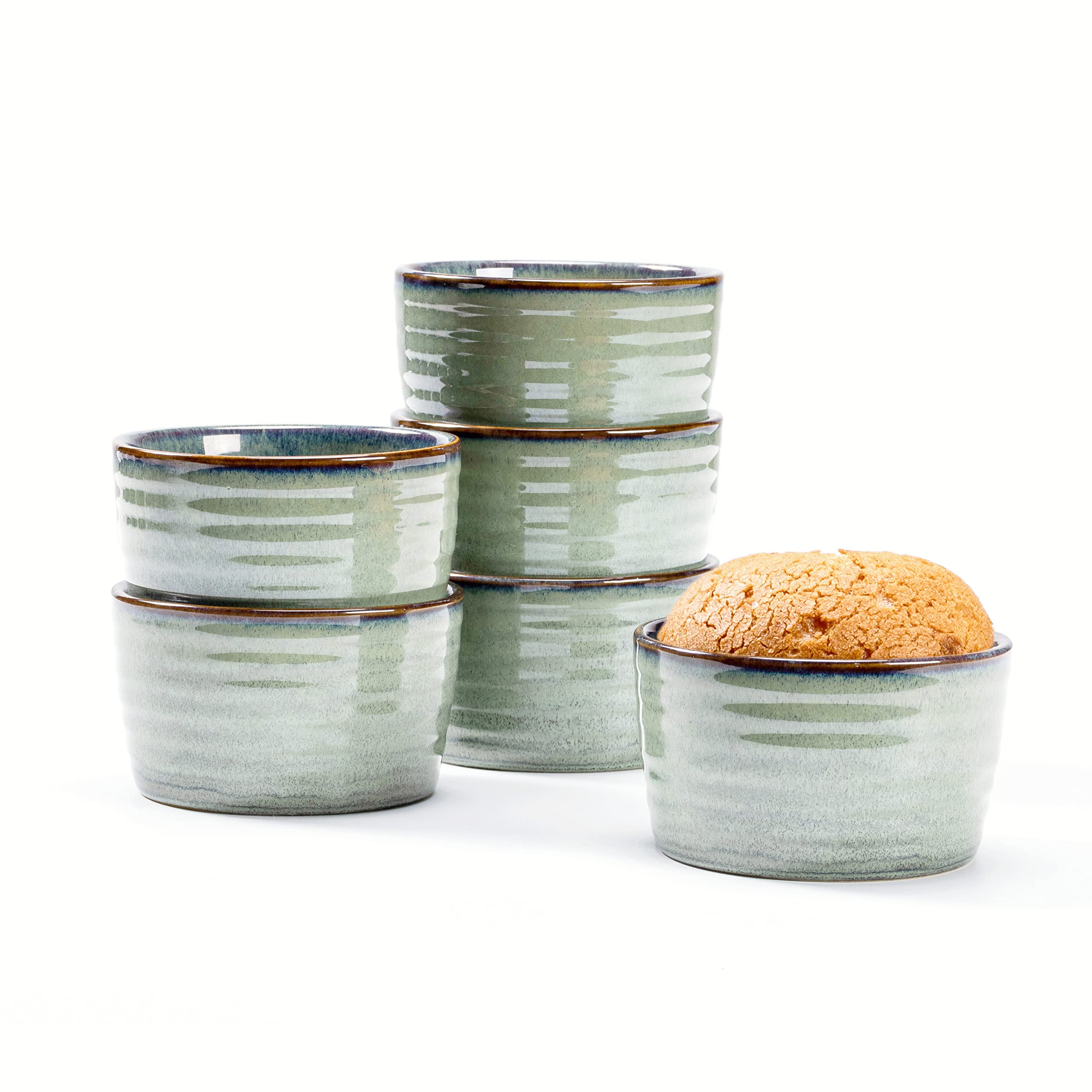 Ceramic Ramekins Soufflé Dishes Set of 8OZ - 240ml, Baking Cups Bowl for Custard, Pudding, Oven Safe Souffle Cups for 6 Peoples - Ramekins Set of 6, Green
