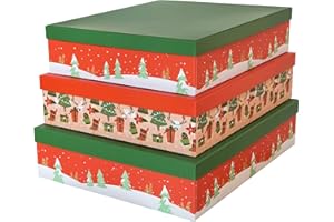Soul & Lane Christmas Decorative Cardboard Storage Boxes, Set of 3 Nesting Festive Paperboard Gift Boxes with Lids for Presents, Seasonal Storage, Holiday Decor (Red and Green)