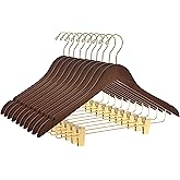 Quality Wooden Skirt Hangers with Clips, 10-Pack Smooth Solid Wood Pants Hangers with Durable Adjustable Metal Clips, Swivel Hook, Coat, Jacket, Blouse Suit Hangers (Walnut - Gold Hook, 10)