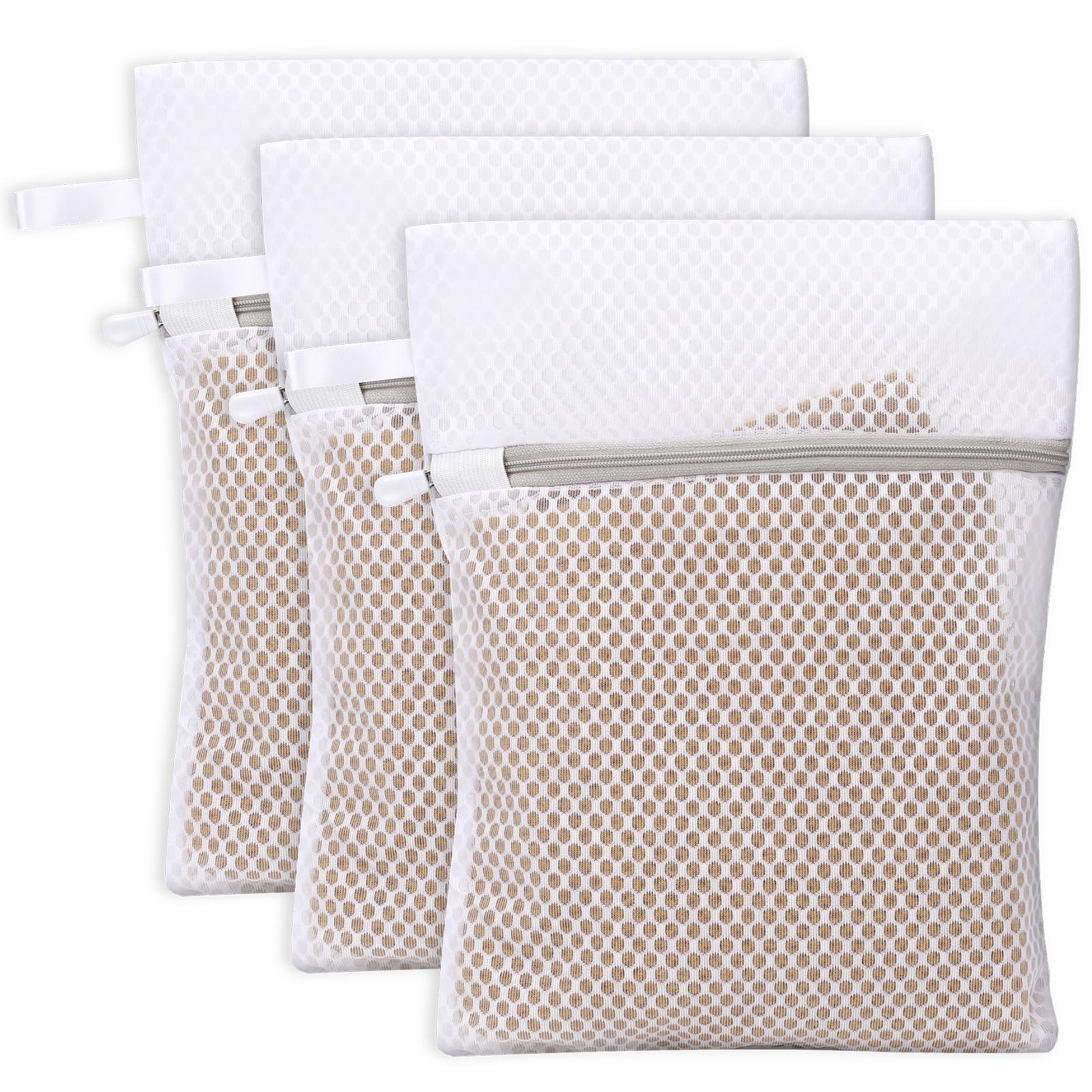 3 x Honeycomb Lingerie Bags with Hanging Loop, Mesh Laundry Bags, Delicate Wash Bags, Fine Laundry Bags for Underwear, Bras, Socks, Baby Clothes, Masks (30 x 23 x 0.1cm)