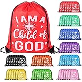VZZNN 60 Pcs I Am a Child of God Drawstring Backpack Bulk Christian Gift Bags Church Supplies String Backpack Cinch Bag Jesus Stuff(10 Colors)