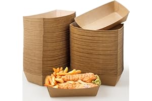 150 Pack Kraft Paper Food Trays,3LB Disposable Paper Food Boats,Brown Paperboard Serving Basket Tray for French Fries Nachos 