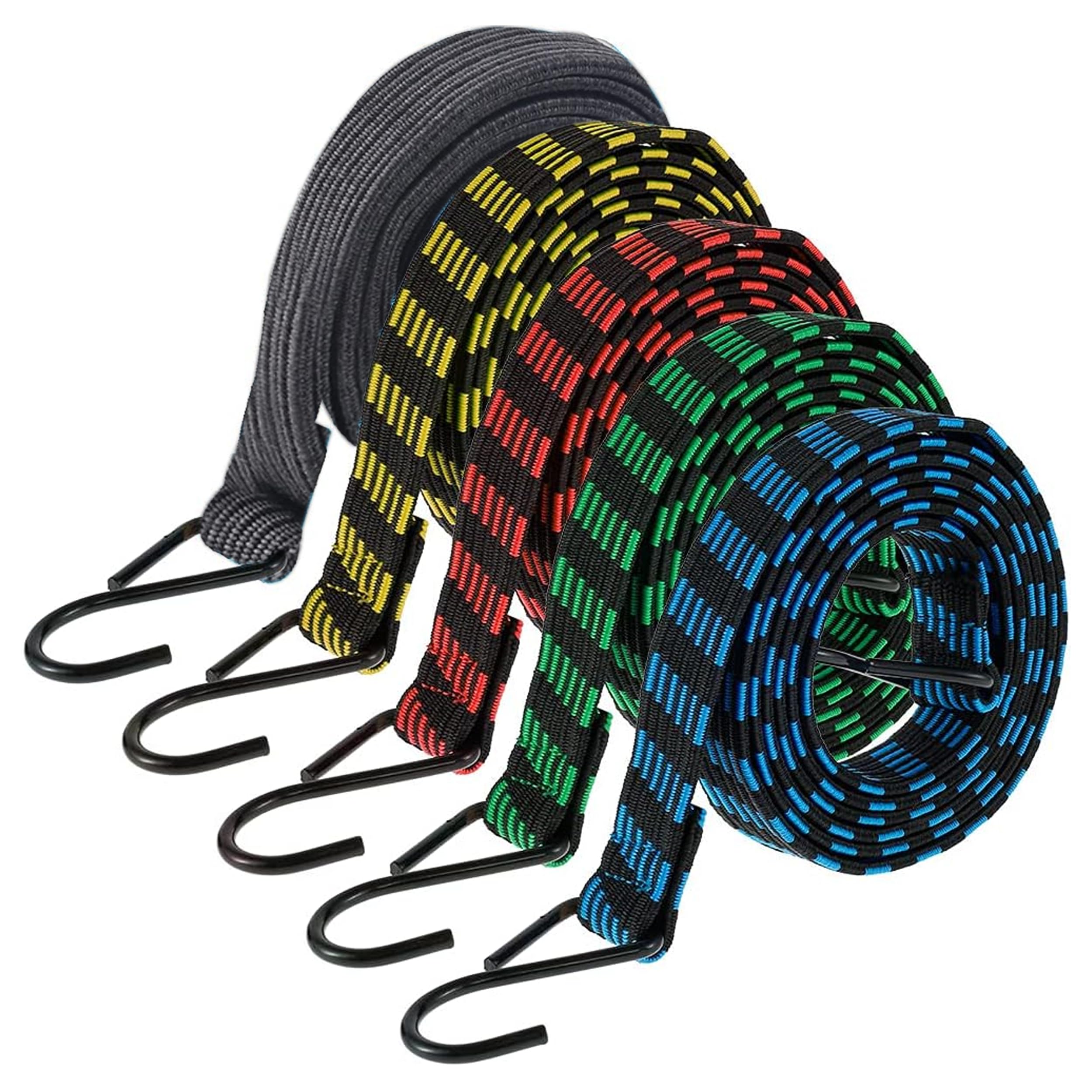 Bungee Cords with Hooks, 5PCS Bungee Cords with Hooks Heavy Duty, 2M Luggage Bungee Straps Anti-slip Flat Elasticity Rubber Straps for Luggage Camping Roof Racks Moving Cargo