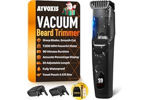 ATVOXIS Vacuum Beard Trimmer for Men Rechargeable, IPX6 Waterproof Mustache Trimmer with Adjustable Length Combs (1/25’’-4/5’’), Men’s Electric Stubble Trimmer, Cordless with Built-in Vacuum (Black)