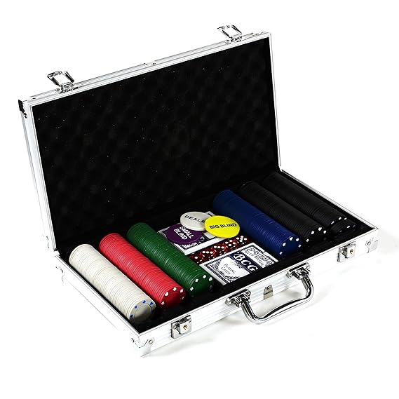 Nexos Pokerkoffer Poker-Set mit 300 Poker-Chips im Alu Koffer mit 2 Schlüssel Silber inkl. 2 Kartendecks 1 Dealer Button 5 Wü