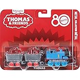 Thomas & Friends by Fisher-Price Collectible Toy Train, Small Die-Cast Mattel 80th Engine with Premium Deco & 2 Stock Cars wi