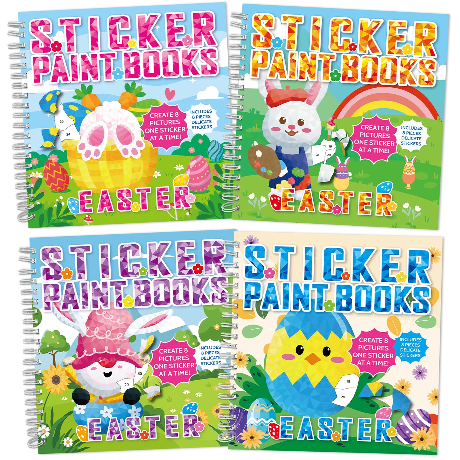 4 Pcs Easter Day Sticker Paint Books for Kids Ages 4-8 Easter Sticker by Number Books Eggs Bunny Chick Themed Activity Puzzle Book Craft Art Party Birthday Gifts Favor 32 Pictures