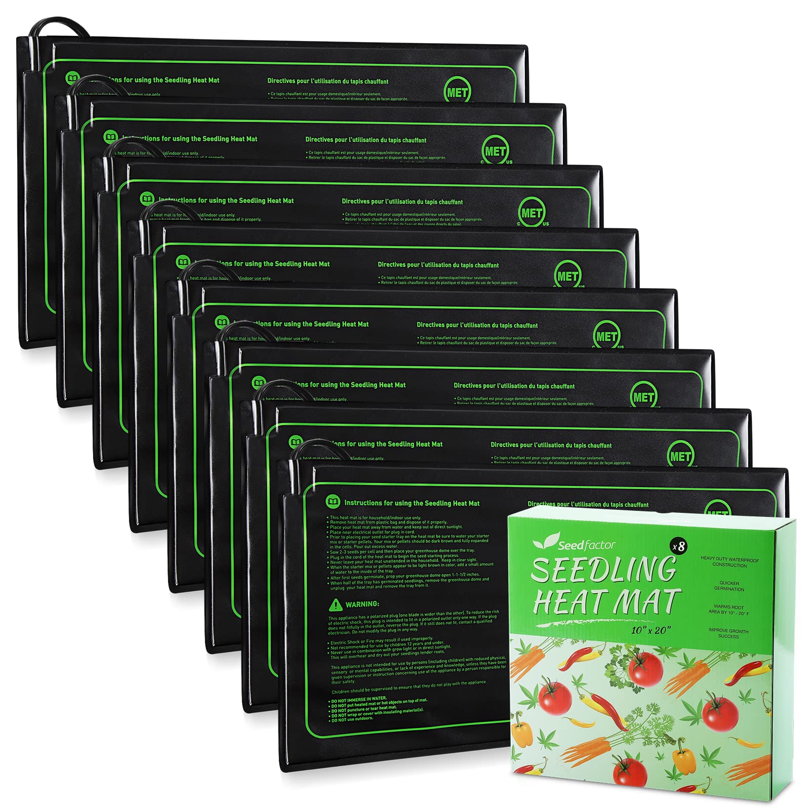 MET Certified 8 Pack Seedling Heat Mat, Seedfactor Waterproof Durable Germination Station Heat Mat, Warm Hydroponic Heating Pad for Indoor Home Gardening Seed Starter Image
