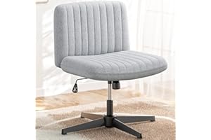 REONEY Cross Legged Office Chair, Criss Cross Chair Armless Wide Desk Chair No Wheels, Adjustable Modern 360° Swivel Padded Fabric Vanity Mid Back Home Office Chair for Bedroom, Makeup (Grey)