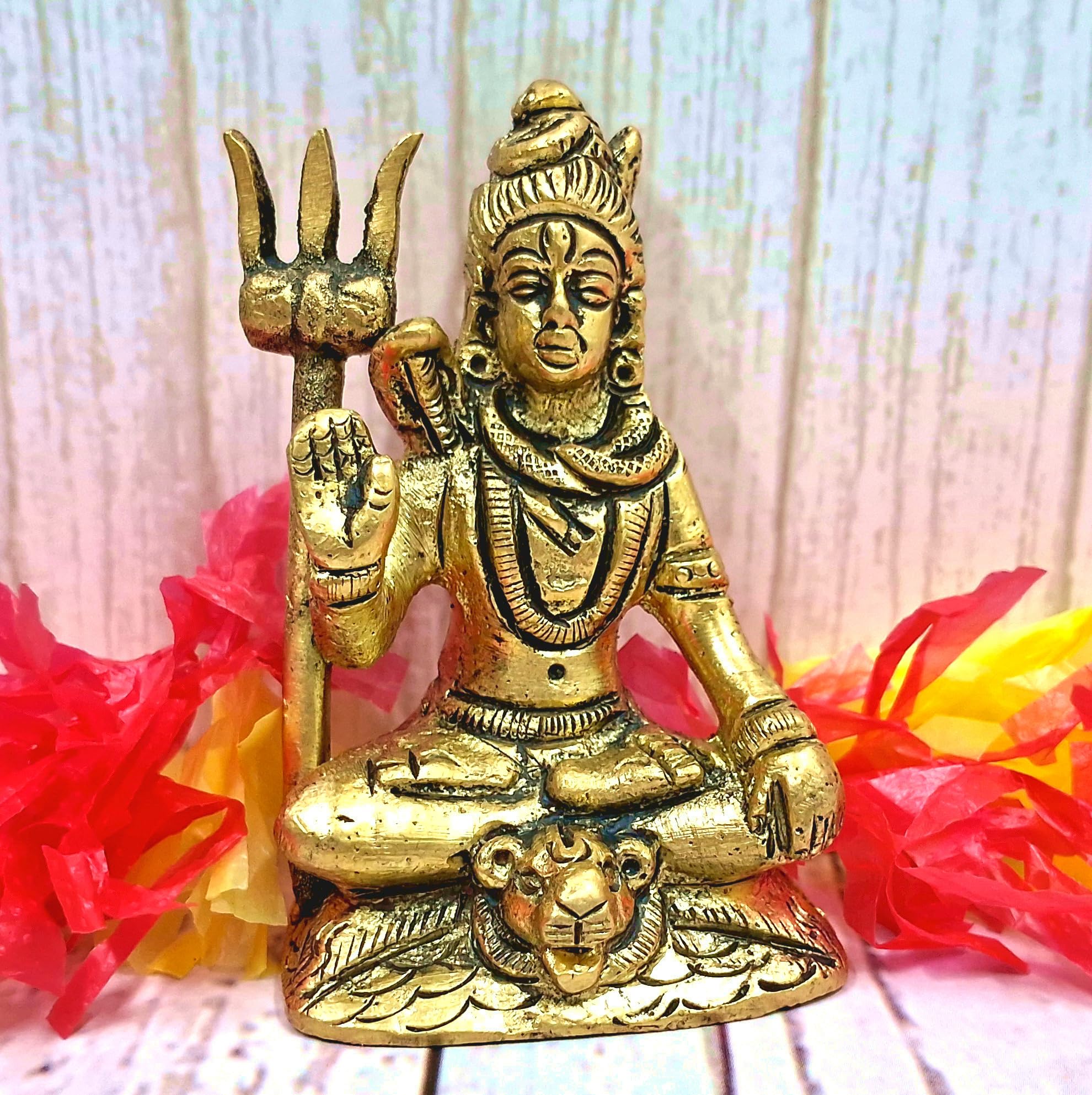 Purpledip Brass Idol Shiva Mahadev: Small Statue for Home, Temple or Car Dashboard (11755)