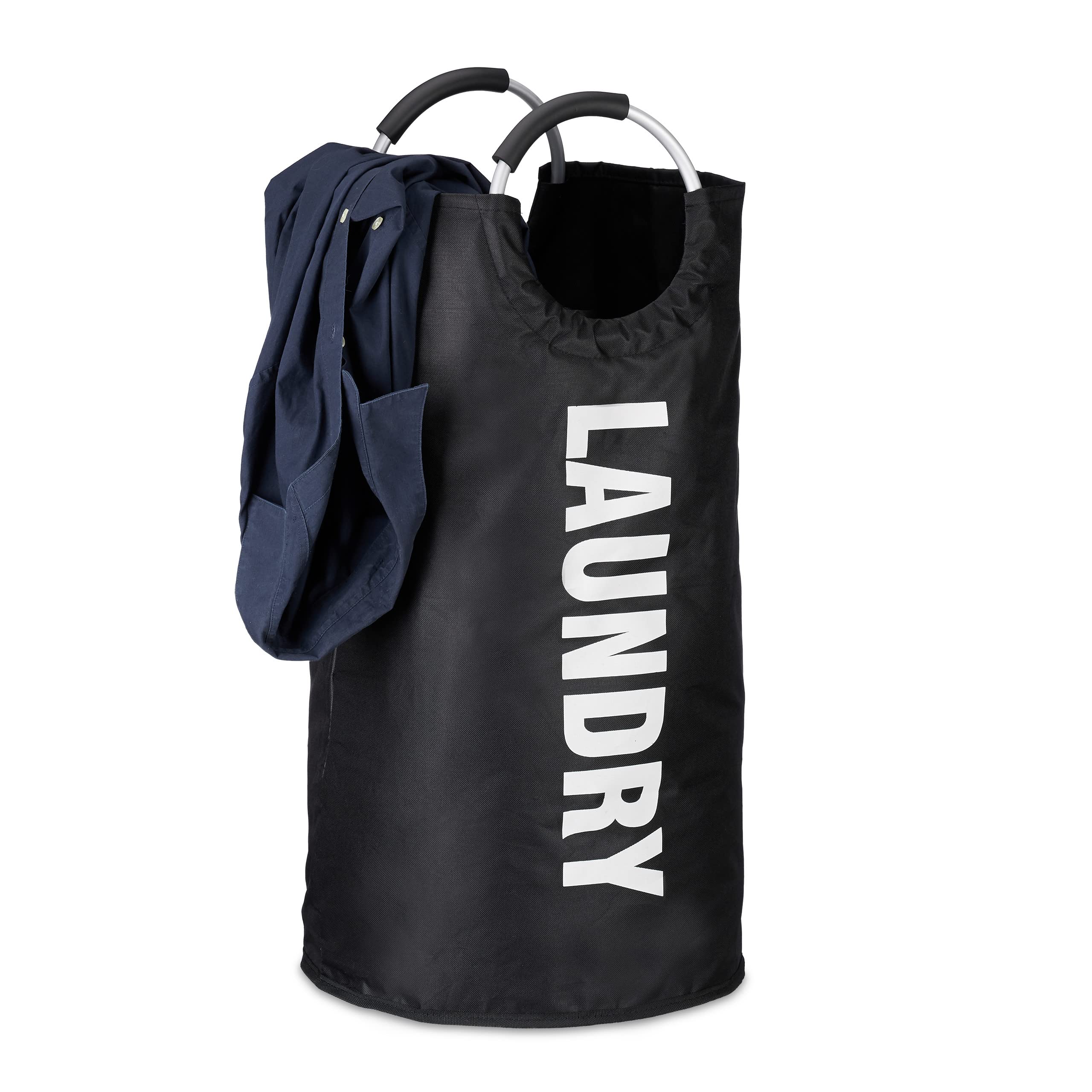 Relaxdays Laundry Bag with Handles, Folding, 100 L Capacity, Round Hamper, H x Ø: 70 x 38 cm, Black