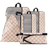 U+U 6 Set Compression Packing Cubes - Ultralight Travel Organizers with Laundry Bag, Space-Saving Suitcase Organizer for Travel, Business Trip and Family Vacation (Khaki Checkered)