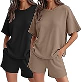 Neer 2 Pack Waffle Knit Women's Pajama Sets Lounge Cute Short Sleeve Top and Shorts Matching PJ With Pockets