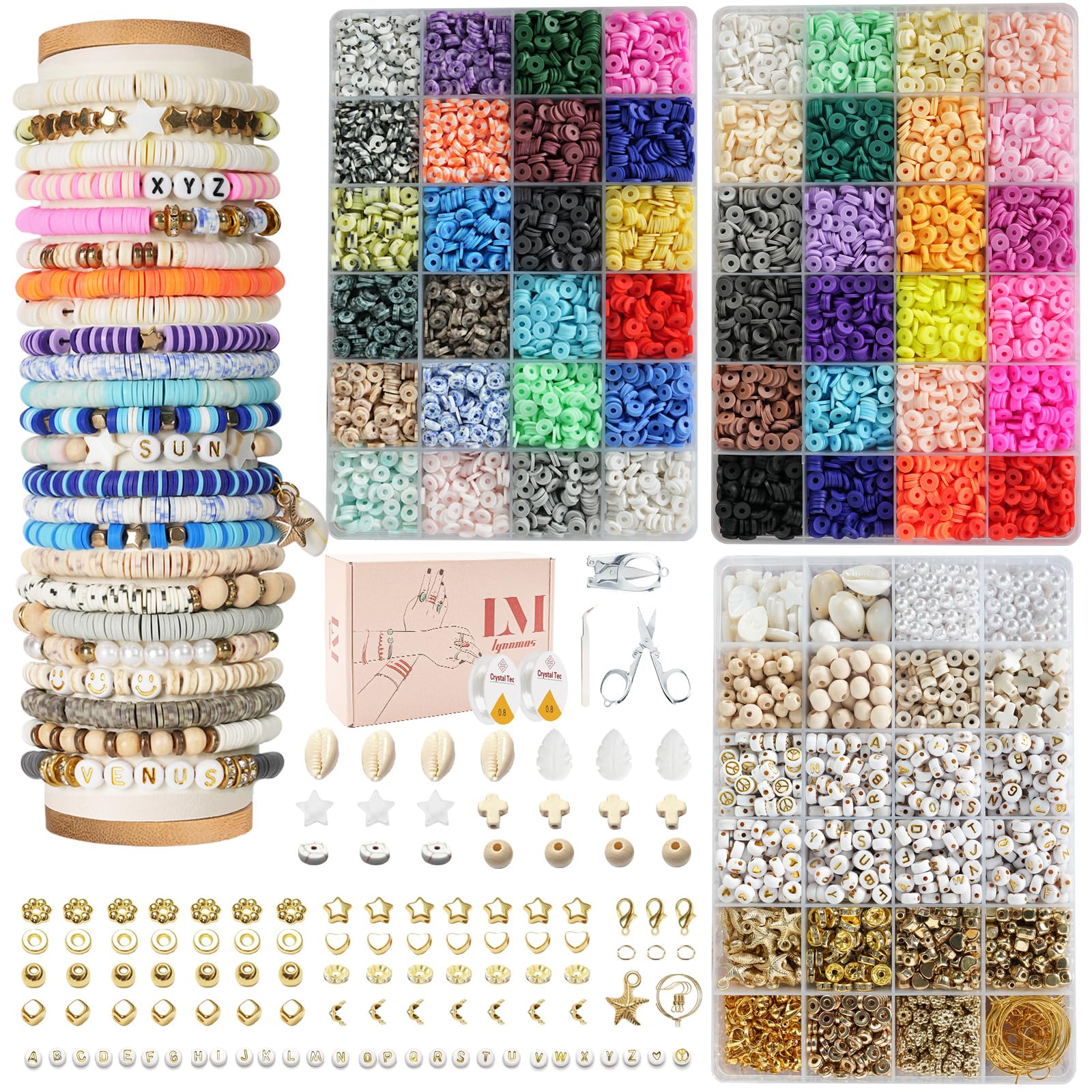Lynnmos Clay Beads Bracelet Making Kit - 15000 Pcs, 6mm Heishi Disc Beads - DIY Jewelry Making Kit with 2 Boxes, Charms, and Gift Pack for Creative Designs and Crafting Fun Image