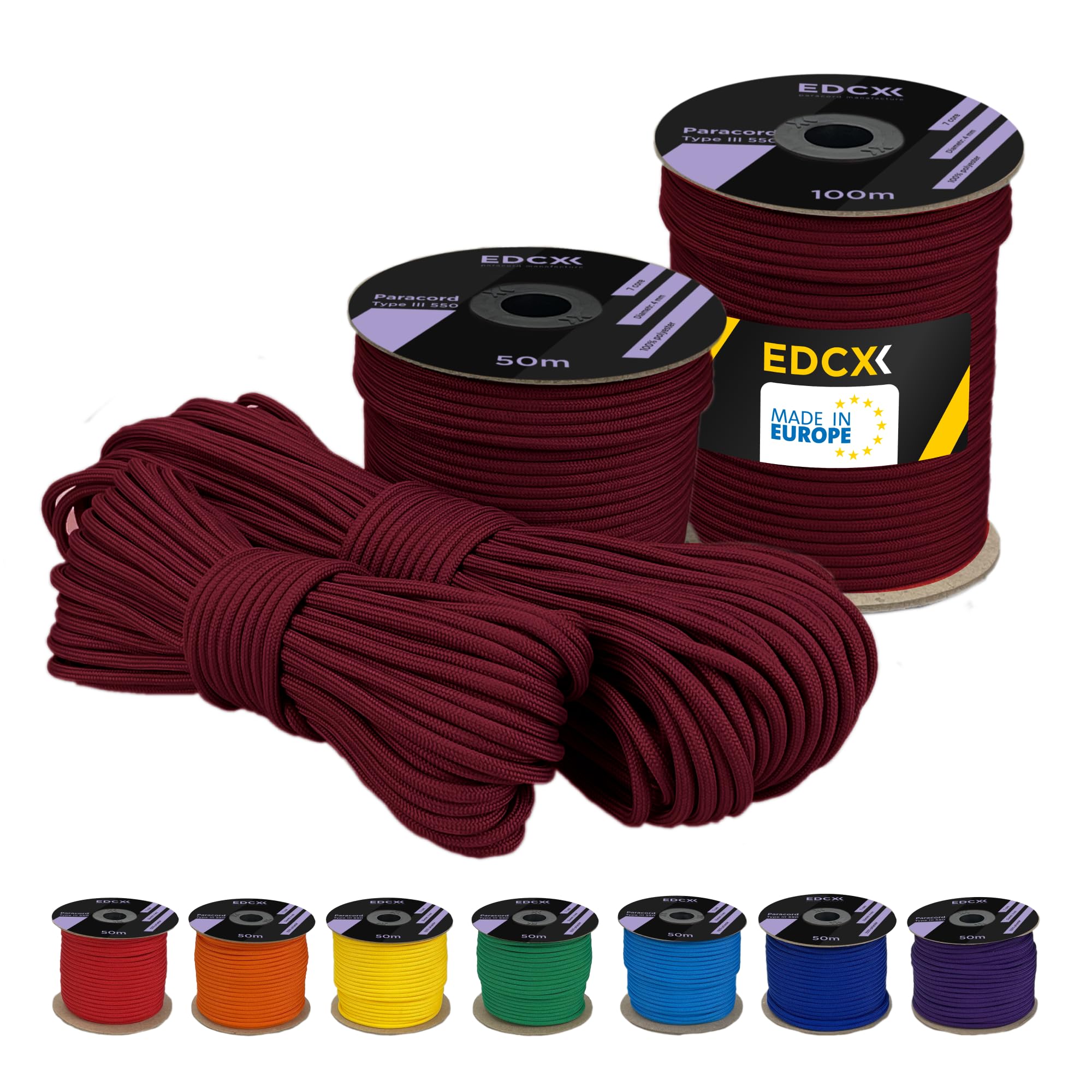 EDCX 4 mm Polyester Paracord 550 (15, 30 and 50 m) – 4 mm Type III, Tear-Resistant Parachute Cord for Survival Made of 100% Polyester with 7 Wires | Solid Colours (Wine, 50 m)