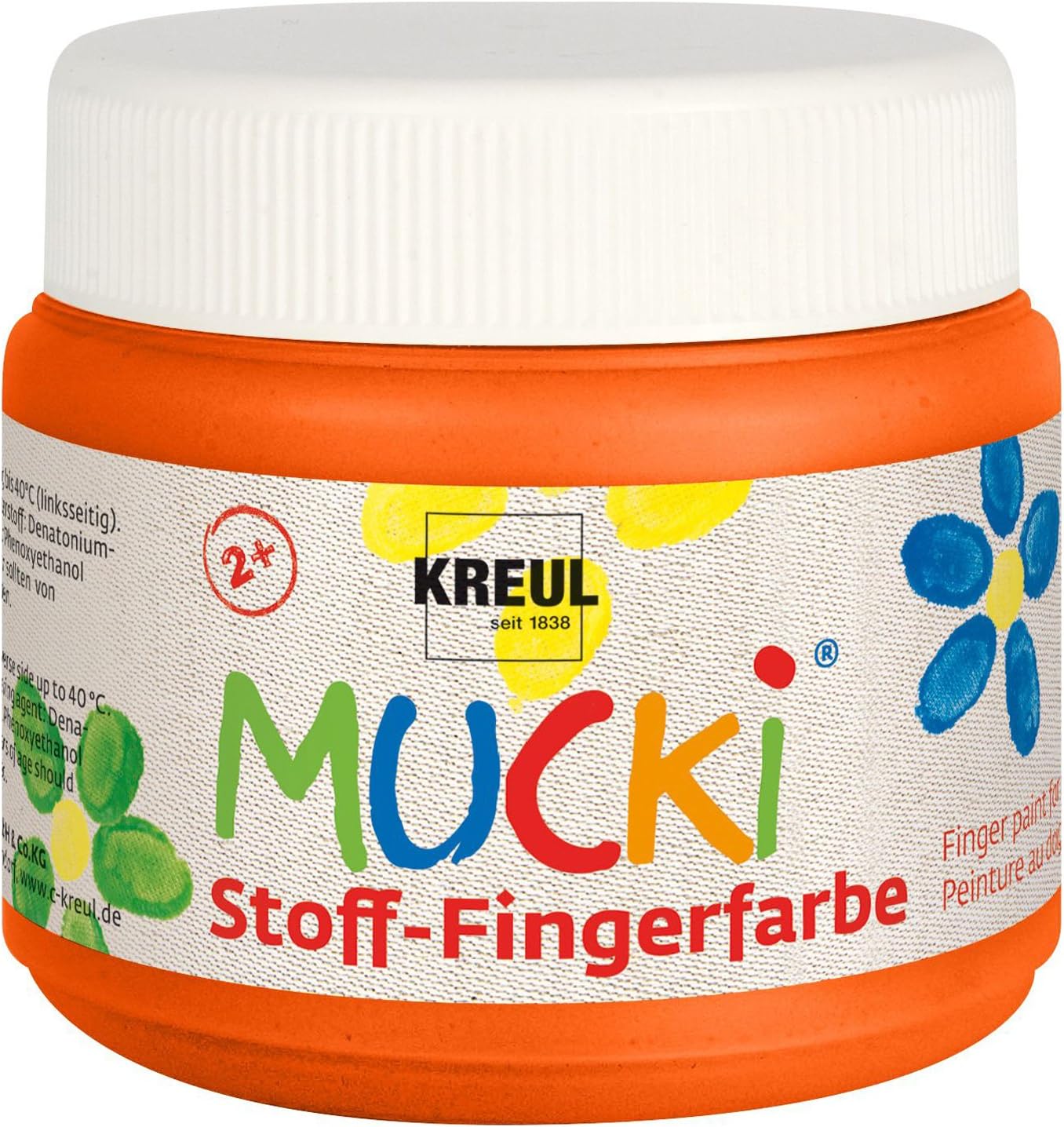 Kreul Mucki 28107 Luminous Fabric Finger Paint 150 ml Orange Water Based Paraben Gluten Lactose Vegan Ideal for Use with Fingers and Hands