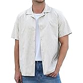 Lzzidou Men's Cuban Striped Button Down Shirt Cotton Short Sleeve Casual Summer Shirts