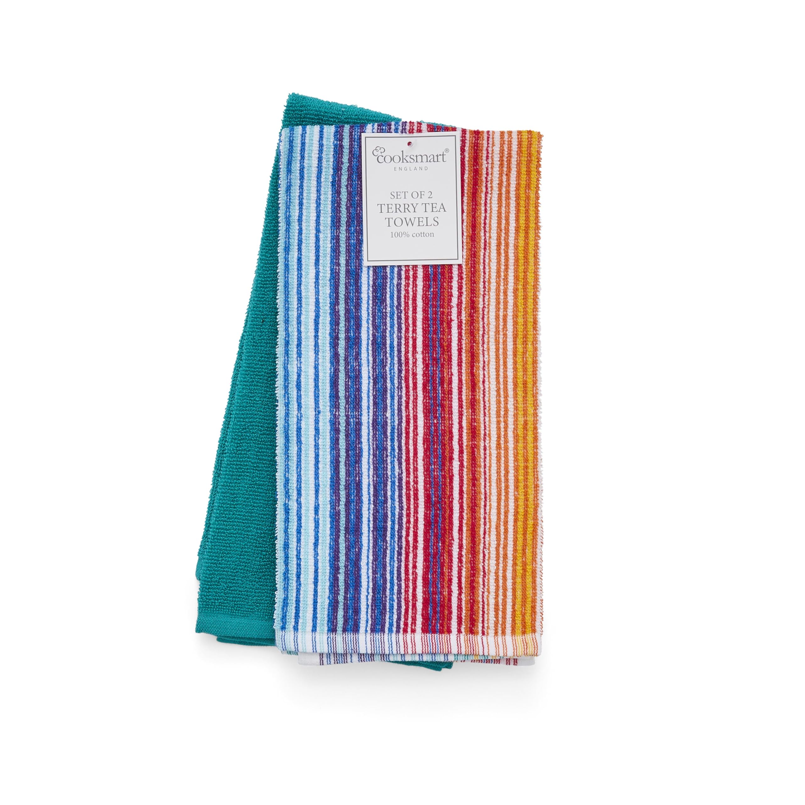 Cooksmart British Designed Pack of 2 Tea Towels | Luxury Tea Towels for Kitchen | Bright Rainbow Pattern Terry Tea Towel Set