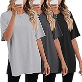 Huukeay 3 Pack Women's Oversized Gym T Shirts Short Sleeve Side Split Crewneck Tops Casual Summer Workout Baggy Basic Tee