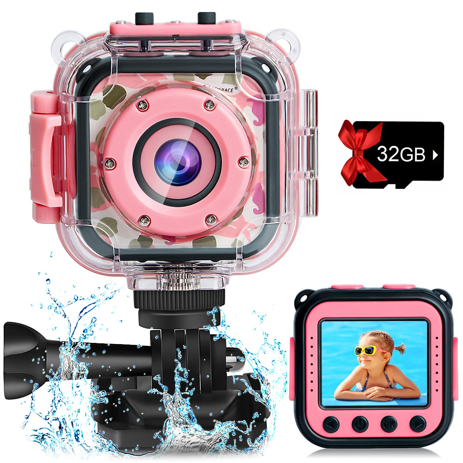 PROGRACE Kids Camera Waterproof- Children Digital Video Cameras Underwater Camera Chrismas Birthday Gift Toy for Kids 1080P DV Toddler Cameras for Girls Pool Toys Age 3-12