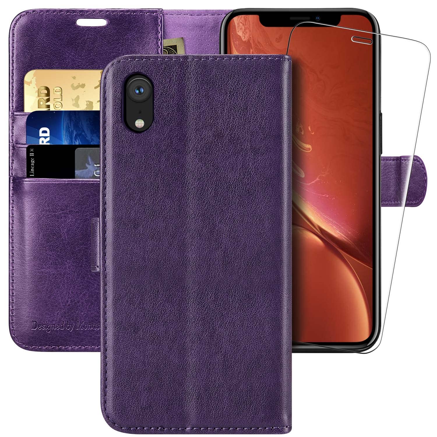 iPhone XR Wallet Case,6.1-inch,MONASAY [Glass Screen Protector Included] Flip Folio Leather Cell Phone Cover with Credit Card Holder for Apple iPhone XR,Purple — image 1