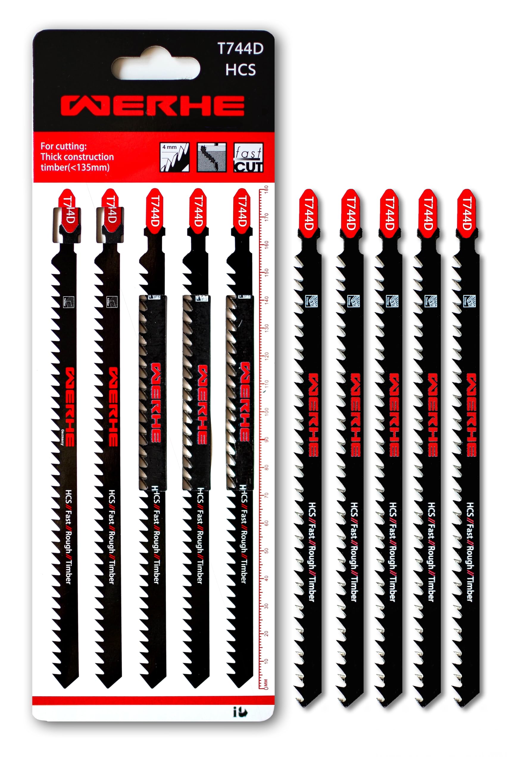 WERHE ® Professional - 5 x Wood Jigsaw Blades - C 180mm T744D Extra Long - Fast Cutting thick layers - Compatible with Bosch, Metabo, Milwaukee, Makita Jigsaws