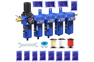 ATINY 1/2'' NPT 5 Stage Air Drying System,5 &0.5 &0.01 Micron Filter Cartridge,Double Desiccant Dryers & Air Regulator,Metal Bowl, Semi-Auto Drain,Industrial Grade-Blue