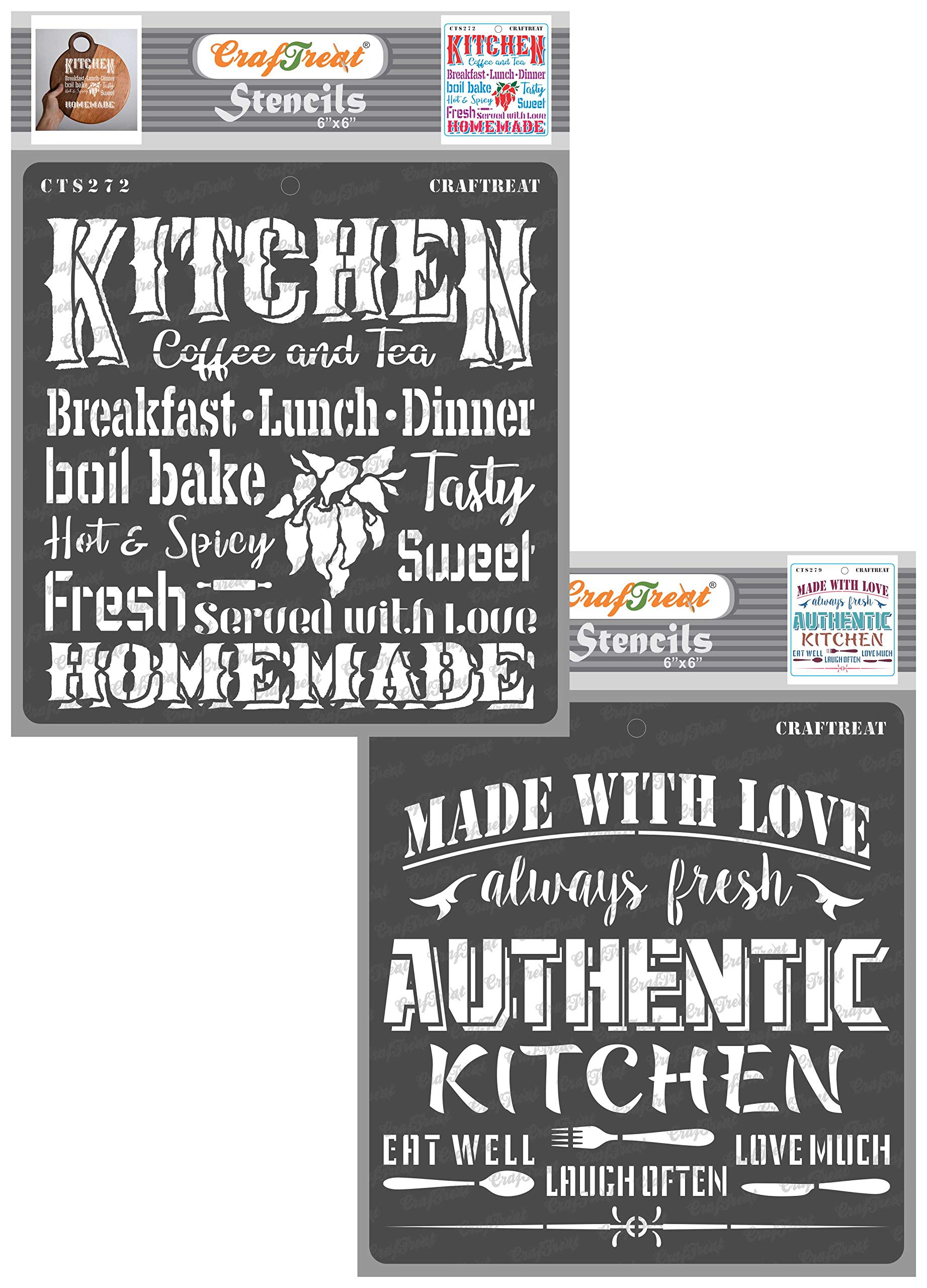 CrafTreat Reusable Kitchen Stencils for Crafts Vintage - Kitchen and Authentic Kitchen (2Pcs) - Size: 6X6 Inches - Quote Stencils for Furniture Painting Vintage - Home Decor Stencils for Painting