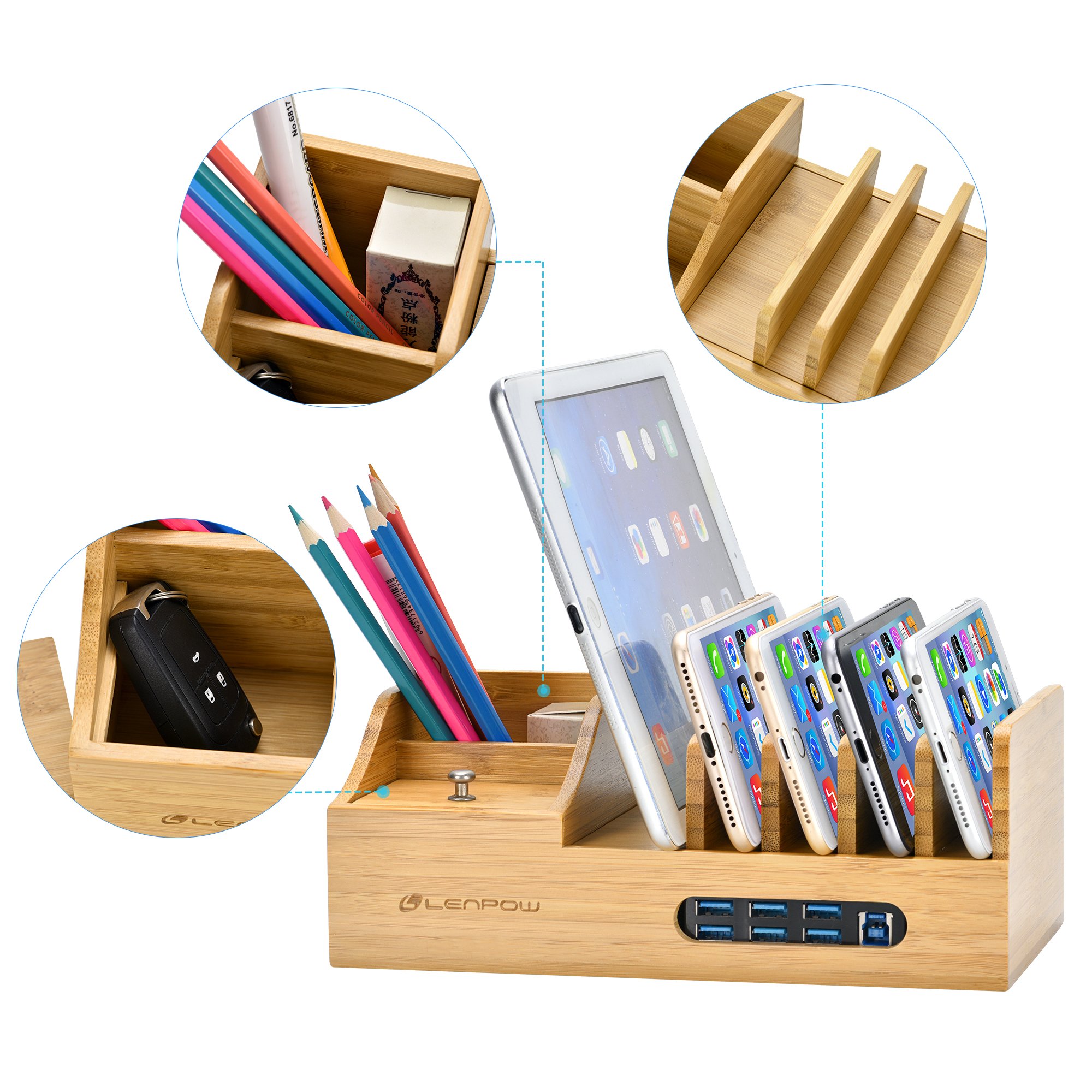 Charging Station,Firstbuy Bamboo Charging Dock Multi Device Charging Stand Cable Cords Desktop Organizer,Compatible with Most of the 4/5/6 Port USB Charger for Smartphones and Tablets