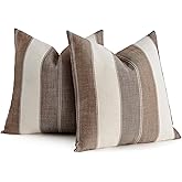 AmHoo Pack of 2 Farmhouse Stripe Check Throw Pillow Covers Set Case Cotton Linen Decorative Pillowcases Cushion Cover for Couch Bench Sofa 18x18Inch Brown