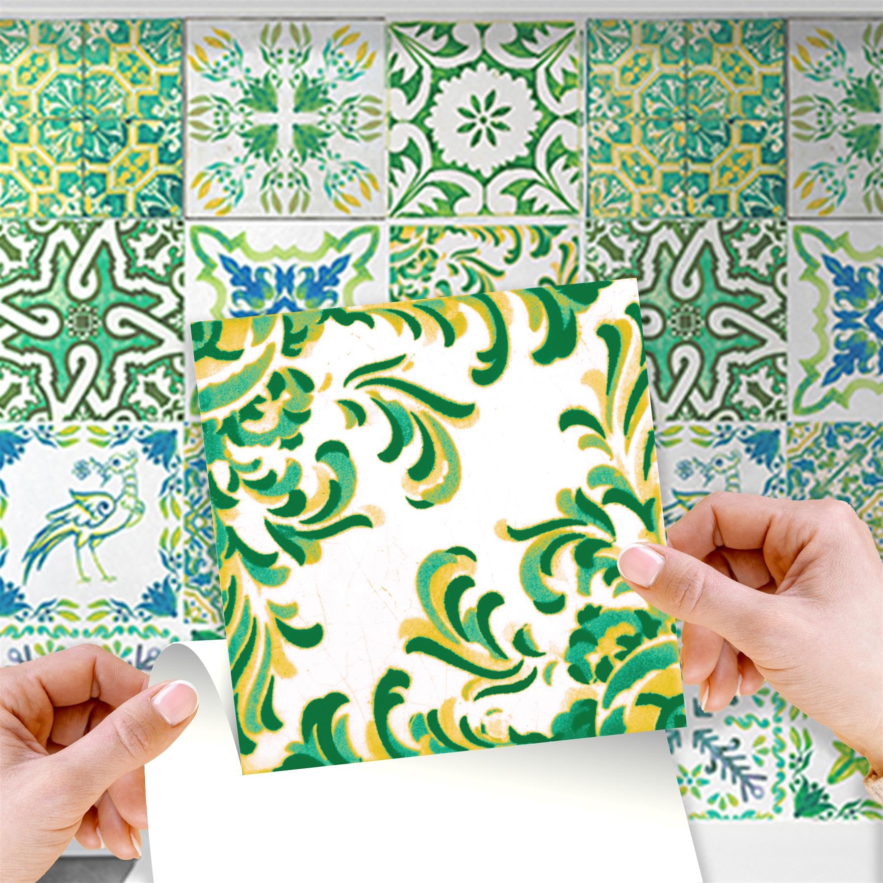 WALPLUS Turkish Green Self Adhesive Wall Tiles for Kitchen Bathroom 15x15cm(6") Removable Sticky Back Tiles for Walls Renovation 24 PCS