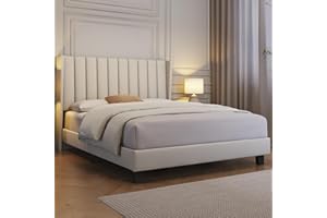 Yaheetech Full Bed Frame Upholstered Platform Bed with Fabric Headboard, Wing Edge Design/Non-Slip and Noise-Free/Wooden Slats Support/No Box Spring Needed/Easy Assembly, Beige Full Bed