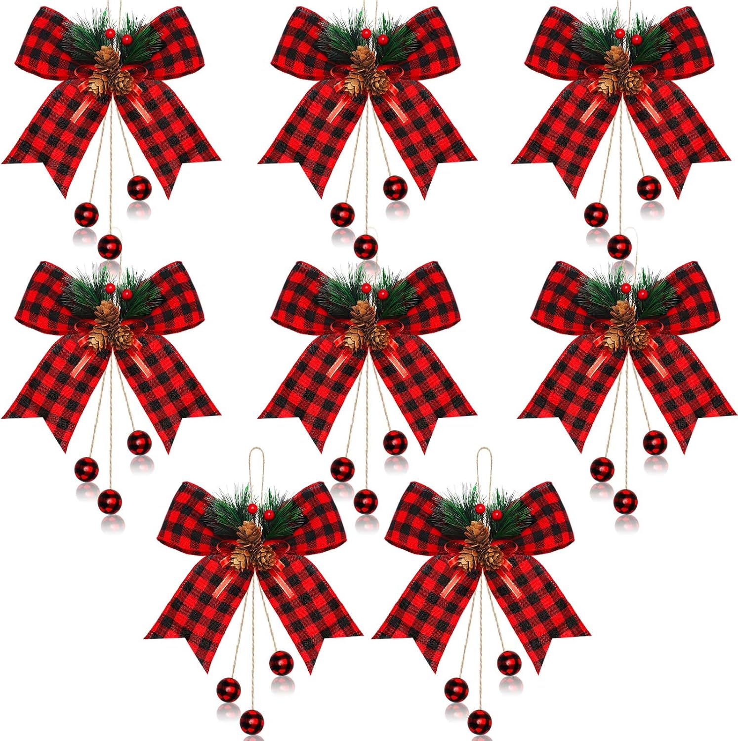 Bows & Ribbons - Xinnun Christmas Buffalo Plaid Bow with Pine Cones Pine Needles Large Xmas Decorative Wreath Bow with Hanging Wood Beads for Christmas Tree Crafts DIY Decor(Red, Black,8 Pieces)