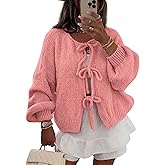 InterNos Womens Bow Tie Front Sweater Cardigan Y2k Chunky Crew Neck Lace Up Crochet Knit Outwear Coat