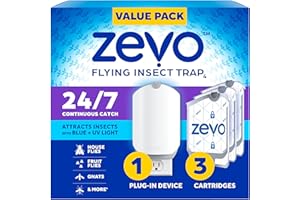 Zevo Flying Insect Trap & 3 Refill Cartridges - Plug in Fly Trap & Indoor Bug Catcher for Gnats, House & Fruit Flies - Blue & UV Light Technology, Mess-Free Alternative to Bug Zapper