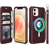 VANAVAGY Compatible for iPhone 12/12 Pro Wallet Case for Magsafe Wireless Charging, PU Leather Flip Folio Phone Cover with Wrist Strap RFID Blocking Card Holder Screen Protector,Burgundy
