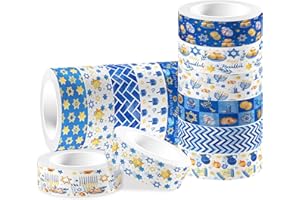 Lot de 12 rubans adhésifs Washi de Hanoukka sur le thème de l'étoile de David avec motifs blancs et bleus, autocollants décor