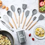 BEWOS 38-Piece Silicone Kitchen Utensils Set with Wooden Handles Grey view 3