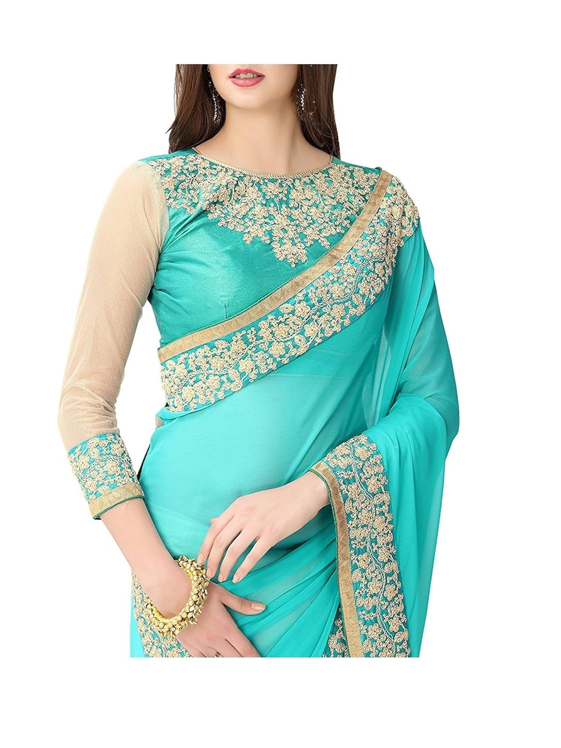 kuber enterprise women blue lycra sari with blouse piece (ku1060).